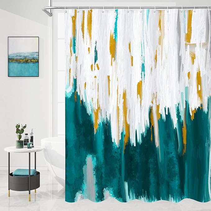 MitoVilla Teal Blue Shower Curtain, Graffiti Ombre Fabric Shower Curtains for Modern Abstract Bathroom Decor, Brush Strokes Oil Painting Design, Turquoise, 72 x 72