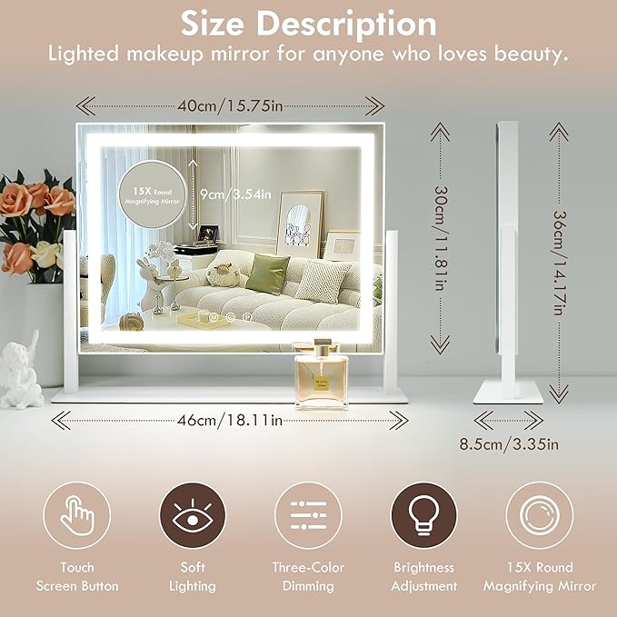 Vanity Mirror with Lights, LED Makeup Mirror, Light Up Vanity Mirror with 3 Colors Dimmable Strip Light, Dimming Touch Sensor, Detachable 15X Spot Magnifying, 360 Rotation (White)
