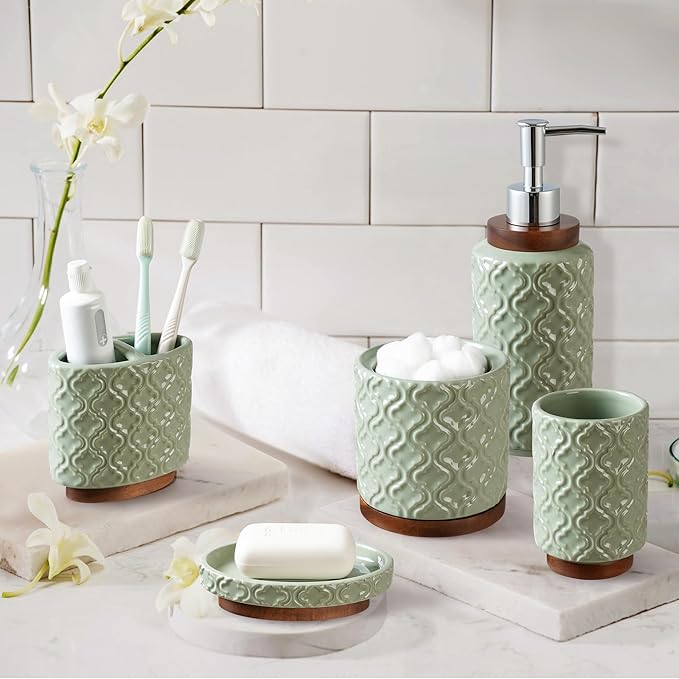 RQYIXI Elegant 5 PCS Ceramic&Wood Bathroom Accessories Set:Soap Dispenser,Toothbrush Holder,Tumbler,Soap Dish,Cotton Swab Jar,Easy to Clean,Quatrefoil Pattern,Green-Affordable Home Luxury