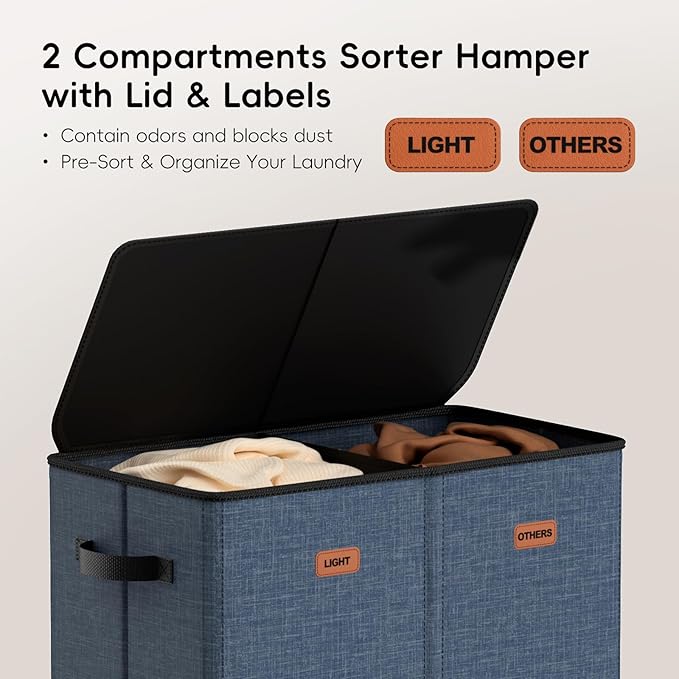 150L Double Laundry Hamper With Lid, Large Clothes Hampers with Removable Bag, Laundry Hamper 2 Section for Bathroom, Bedroom, Laundry Room, Dorm, Navy Blue