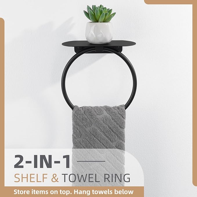 Aomasi Matte Black Bathroom Towel Ring with Shelf, Solid Stainless Steel Wall Mounted Towel Holder