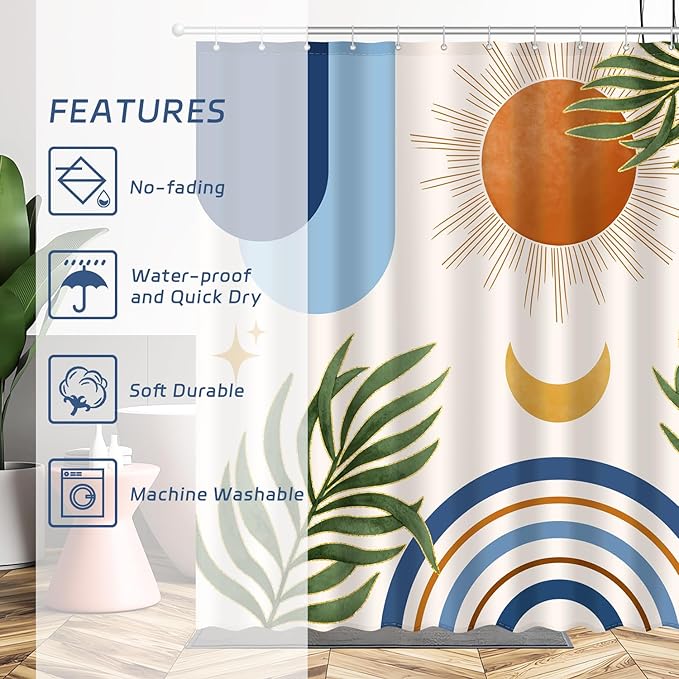 Boho Mid Century Shower Curtain, Bohemian Blue Minimalist Simple Aesthetic Modern Bathroom Decor, Colorful Rainbow Sun Moon Natural Botanical Leaves Fabric Cloth Bath Curtain 72x72 Inches