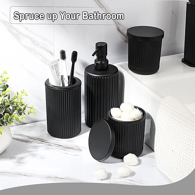 KASUNTING Matte Black Bathroom Accessories Set, 4 Pcs Glass Bathroom Accessory Set, Soap Dispenser, Toothbrush Holder, Qtip Holder Set, Bathroom Sets Complete, Bathroom Sink Set for Modern Home Decor