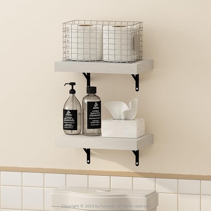 Furinno Tanna Floating Shelves for Wall Set of 2, 15-Inch Bathroom Wall Shelf, Wall Mounted Shelf, for Bathroom Organizers and Storage, Living Room, White Texture