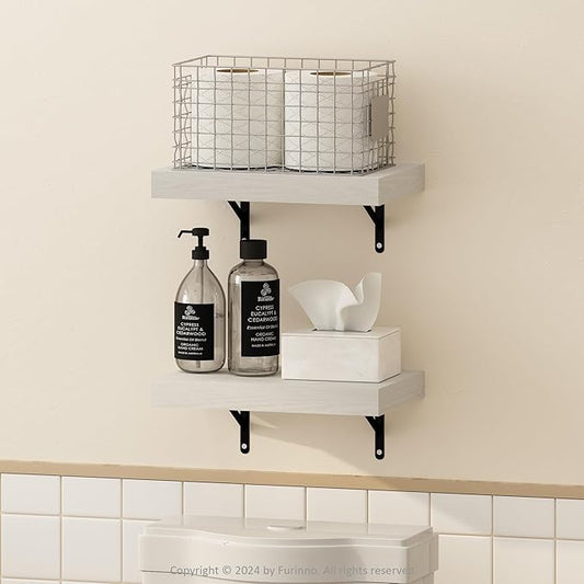 Furinno Tanna Floating Shelves for Wall Set of 2, 15-Inch Bathroom Wall Shelf, Wall Mounted Shelf, for Bathroom Organizers and Storage, Living Room, White Texture