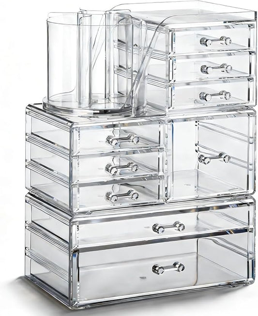 OTYMIOW 3 Tier Clear Acrylic Makeup Organizer Countertop with Brush Holder and 9 Drawers, Bathrooms, Stackable Large Makeup Organizer for Store Skincare, Brushes, Hair Accessories