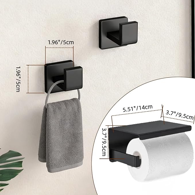 5Pcs Matte Bathroom Hardware Towel Bar Accessories Set 16 Inch Stainless Steel Bath Towel Racks with Toilet Paper Holder Shelf, for Bathroom Wall Mounted (Black)