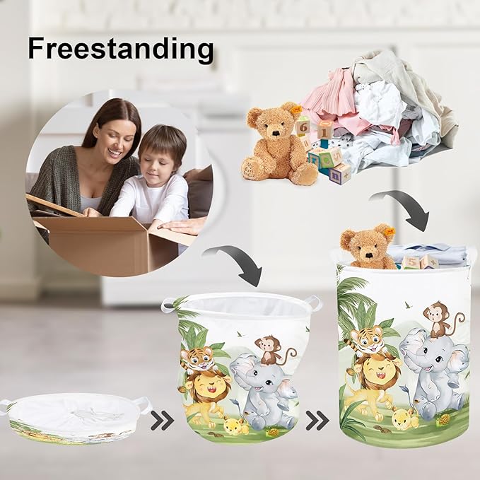 Clastyle 63L Large Rainforest Animals Kid Laundry Hamper with Handle Boy Girl Bedroom Bathroom Nursery Clothes Toy Storage Basket with Lid