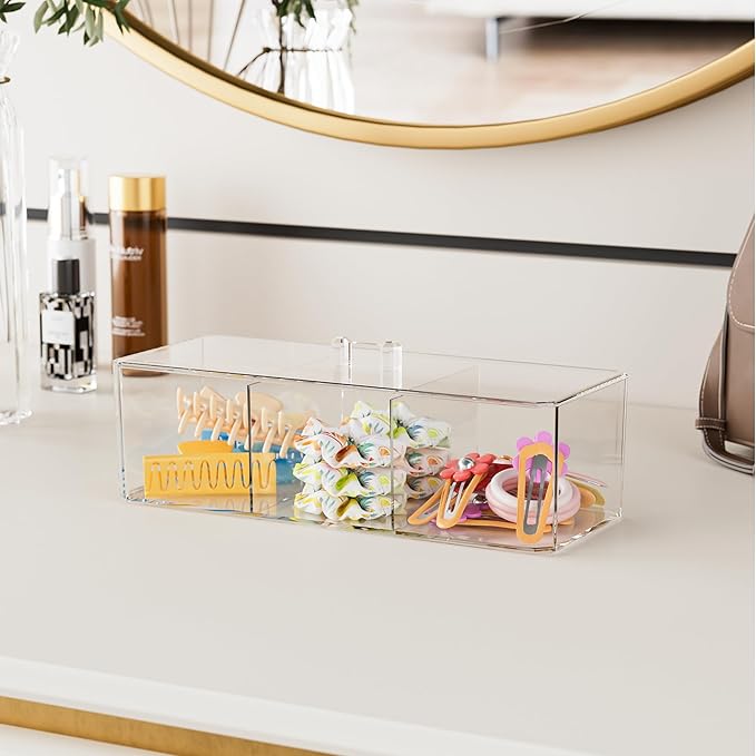 Hair Accessories Organizer for Girls, Clear Hair Bow Tie Clip Scrunchie Holder Organizer with Removable Divider, Cute Small Stackable Storage Drawer Container Caddy Box, Women Vanity Accessories, 2Pcs