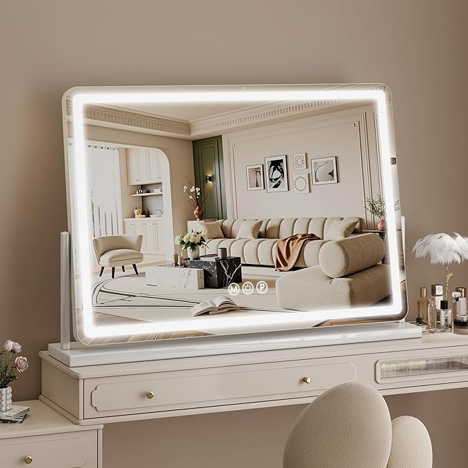 Vanity Mirror with Lights, 33"x23" Hollywood Lighted Makeup Mirror for Tabletop & Bedroom 3 Color Lighting Modes Smart Touch Control 360° Rotation Detachable