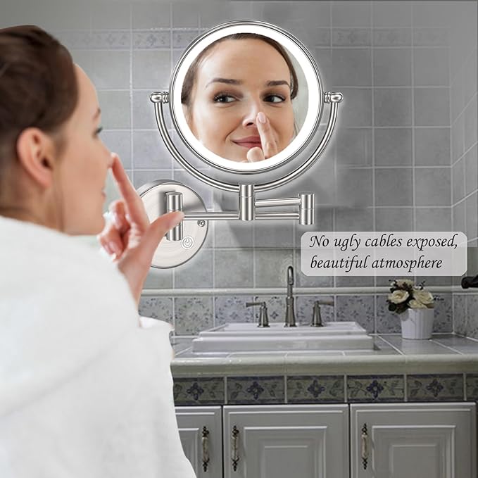 8" Brass Lighted Wall Mounted Makeup Mirror, 360° Swivel Extendable,Bathroom Mirror Double-Sided 1X/5X Magnification LED Vanity Mirror, Touch Dimming, Brushed Nickel, Plug Powered