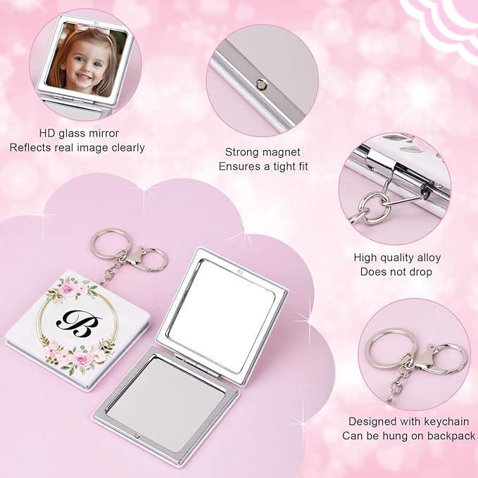 BAOSIWA Valentines Day Gifts for Teen Girls Grandkids, Personalized Compact Mirror Initial Small Travel Makeup Mirror with Keychain (B)
