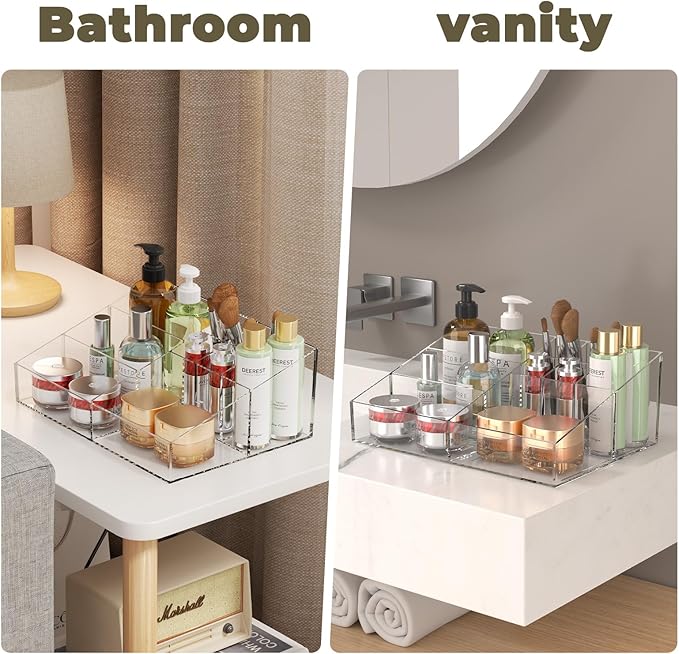 Clear Plastic Countertop Vanity Makeup Organizer, Compact Rectangular 9-Compartment Holder for Brushes, Eyeshadow Palettes, & Beauty Supplies