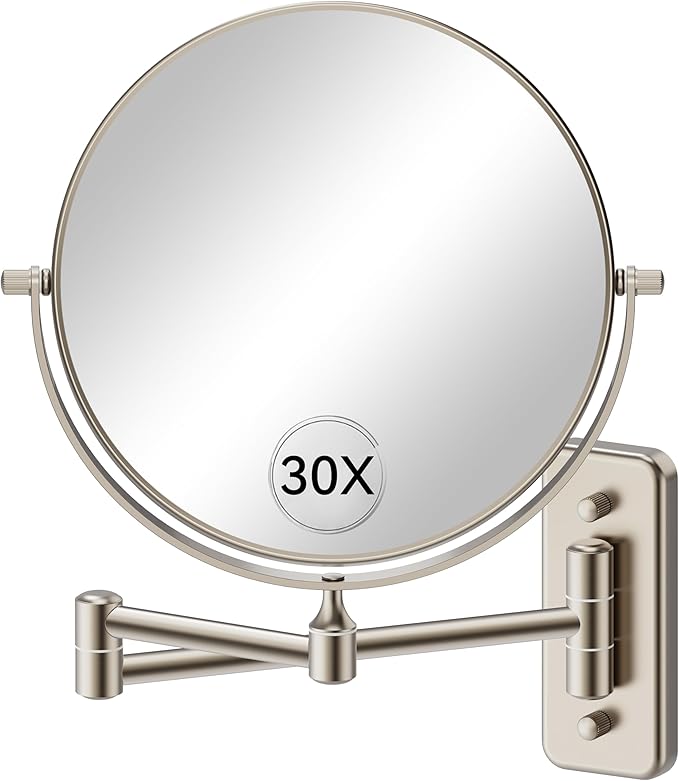Auxmir 1X/30X Wall Mounted Makeup Mirror, Double-Sided Magnifying Mirror with Tweezers, Bathroom Makeup Mirror, Cosmetic Vanity Mirror with 360 Rotation Extendable Swivel Arm, Nickel