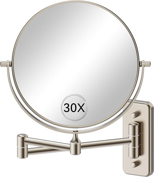 Auxmir 1X/30X Wall Mounted Makeup Mirror, Double-Sided Magnifying Mirror with Tweezers, Bathroom Makeup Mirror, Cosmetic Vanity Mirror with 360 Rotation Extendable Swivel Arm, Nickel