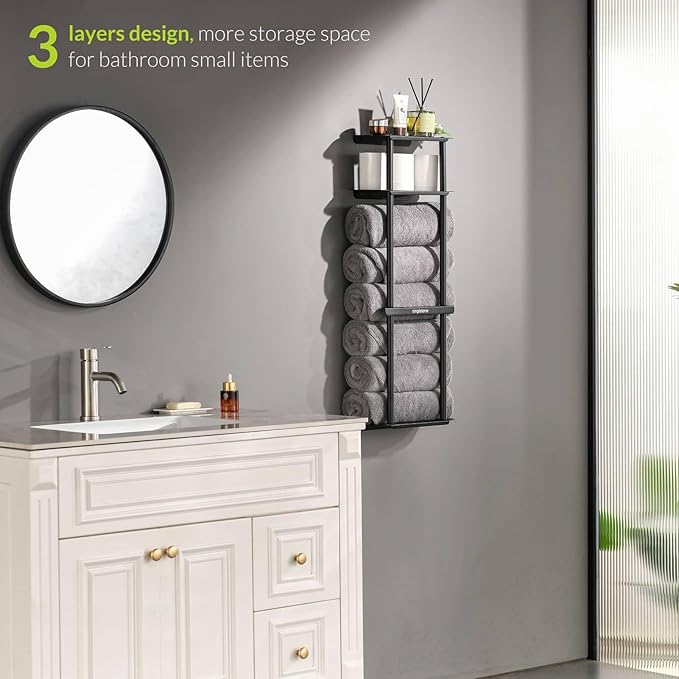 simpletome Towel Racks for Bathroom Storage Shower Organizer 31 inch Wall Mounted with Shelves Can Holds 6 Large Towels Thickened Carbon Steel (Matte Black)