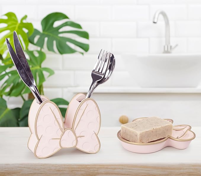 Jay Franco Disney Minnie Mouse Bathroom Accessories - 2 Piece Pink Resin Bathroom Décor and Storage Set Includes Toothbrush Holder and Soap Dish Set