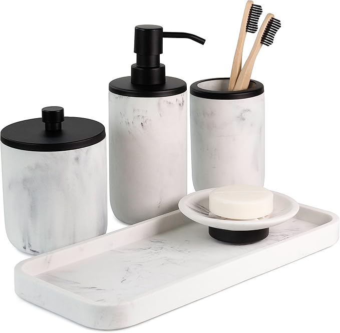Marble & Matte Black Bathroom Accessories Set - Toothbrush Holder, Soap Dispenser, Modern Black Bathroom Decor