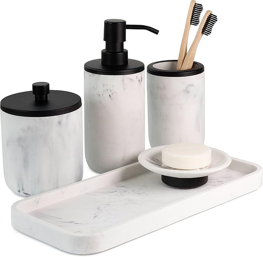 Marble & Matte Black Bathroom Accessories Set - Toothbrush Holder, Soap Dispenser, Modern Black Bathroom Decor