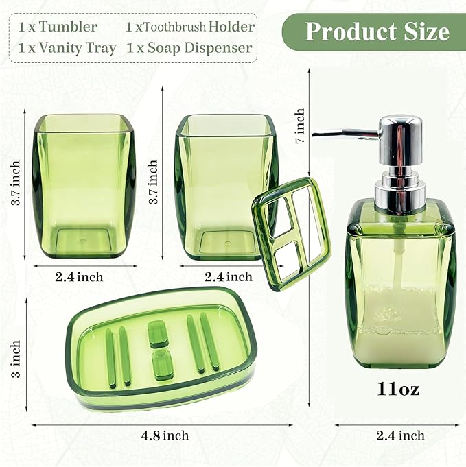 4-Piece Fresh Green Acrylic Bathroom Accessories Set — Soap Dispenser, Toothbrush Holder, Soap Dish & Mouthwash Cup, Vanity Countertop Organizer for Botanical Green Bathroom Decor
