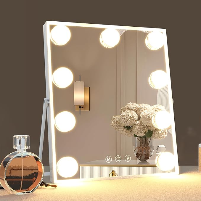 Hollywood Vanity Mirror with Lights, 9 LED Bulbs Hollywood Makeup Mirror, Tabletop Vanity Lighted Mirror with 3 Color Lighting Modes, Smart Touch Control, White