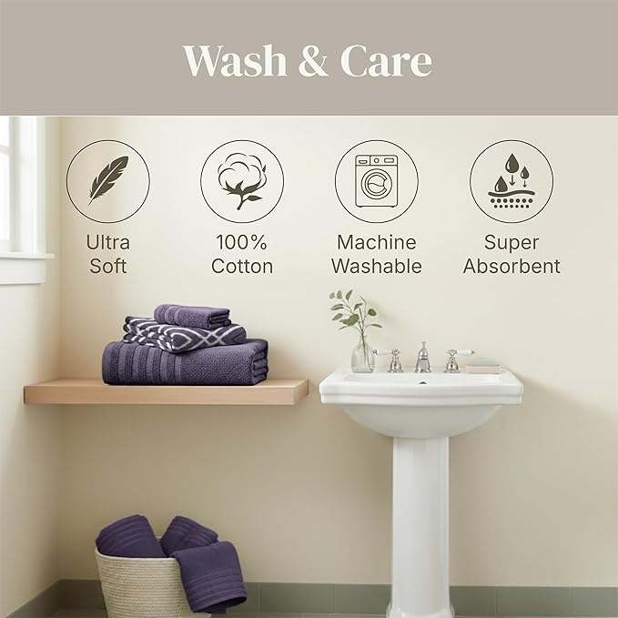 Modern Threads Classic Diamond 6-Piece 100% Cotton Towel Set – Yarn Dyed Jacquard – Includes 2 Bath Towels, 2 Hand Towels, 2 Washcloths – Absorbent, Quick Dry, Soft & Durable – Purple