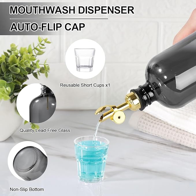 Mouthwash Dispenser for Bathroom, Glass Mouthwash Dispenser with Cup, Mouth Wash Container Bottle with Cup, Refillable Mouthwash Decanter, Clear Blear,17oz 2 Pack