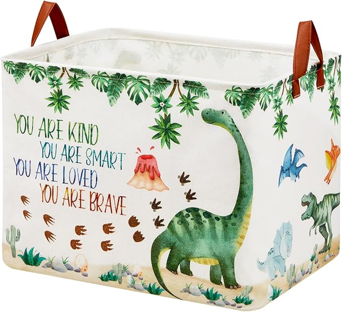 Dinosaur Nursery Decor Baby Gift Basket with Inspirational Quotes Large Kid Storage Chest Trunk Woodland Stone Volcano Book Shelf Basket Collapsible Clothes Toy Bin for Baby Rectangle Hamper,36L