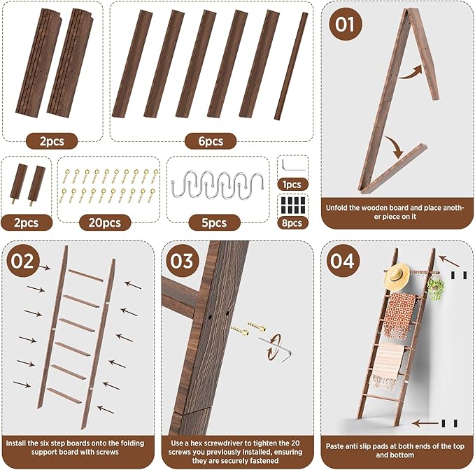 Farmhouse Wooden Blanket Ladder with Removable Hooks, 6-Tier Rustic Blanket Rack Decorative Stand, Leaning Towel Quilt Rack Holder for Bathroom Living Room Decor Brown