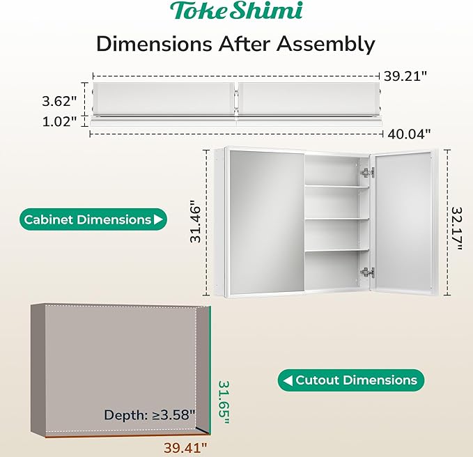 TokeShimi 40 x 32 White Recessed Medicine Cabinet with Mirror, Assembly Required, Bathroom Medicine Cabinet with Mirror, Stepless Adjustable Shelves, Beveled Aluminum Frame, DTC Hinge
