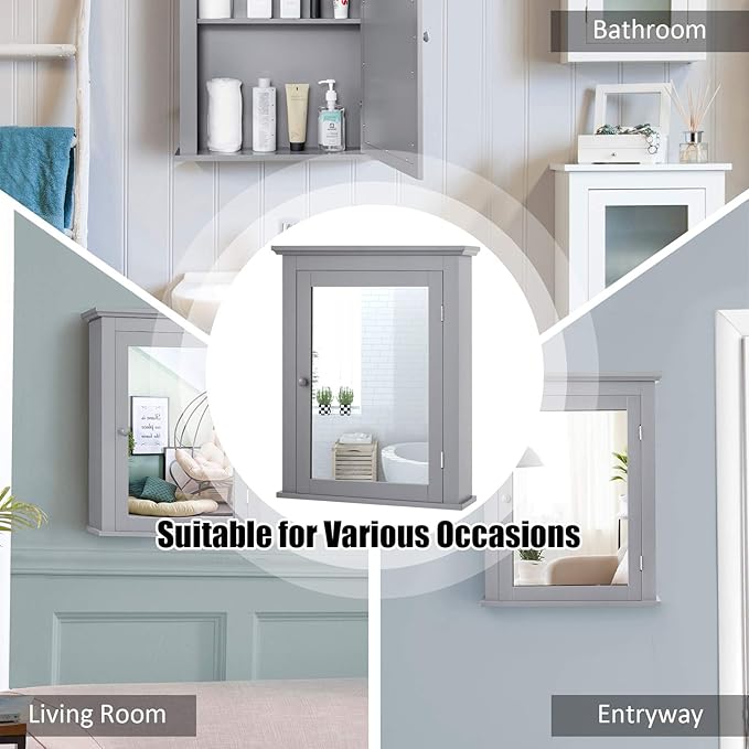 Tangkula Bathroom Cabinet with Mirror, Mirrored Wall-Mounted Storage Medicine Cabinet w/Single Door & Adjustable Shelf in 5 Positions, Multipurpose Wall Cabinet for Bathroom (Gray)