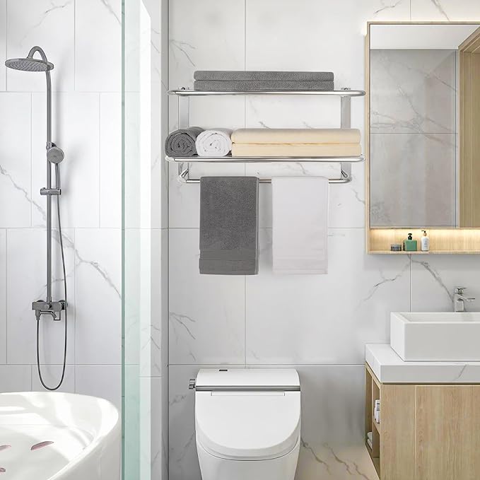 Towel Rack for Bathroom, DEWVIE 24 Inch Tower Holder with Tower Bars, SUS 304 Stainless Steel Lavatory Bath Towel Shelf Towel Hanger Wall Mount, 3-Tier (Brushed Nickel)