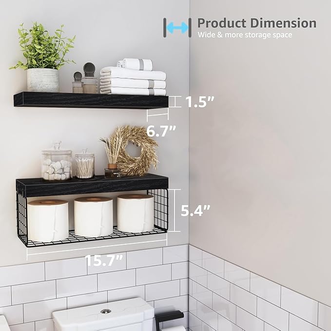 Bathroom Shelves Over Toilet - Heavy Duty Storage Rack, 25+ lbs Weight Capacity, Minimalist Design Wall Mounted Floating Shelves Toilet Paper Storage Farmhouse Decor Shelf 16 inch (Black, General, 2)
