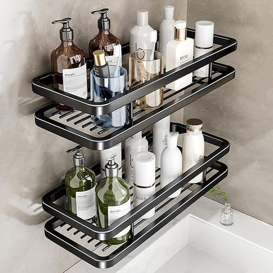 Wall Mounted Bathroom Shelves, Bathroom Storage Box with Protection Railing, Freestanding Kitchen Organizer (Color : 7.8inch, Size : Black Double)
