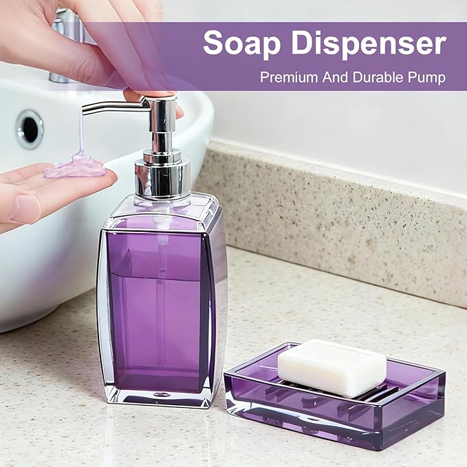 Bathroom Accessories Set Purple Clear Acrylic Bathroom Counter Set with Soap Dispenser, Toothbrush Holder, Tumbler, Soap Dish, Gift for Home Bathroom Decor