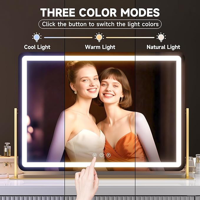 Hasipu Large LED Vanity Mirror 30"x21" - Makeup Mirror with 5X Magnification, Phone Holder, USB Charging, Smart Touch 3-Color Lighting & 360° Rotation (Gold)