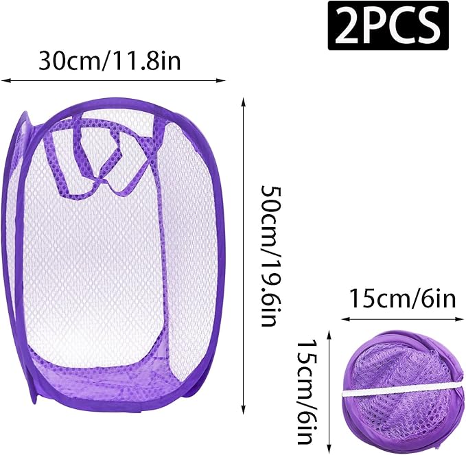 2Pcs Popup Mesh Laundry Baskets, Collapsible and Portable Laundry Hamper, Ideal for Travel and Home Use (Purple & Blue)