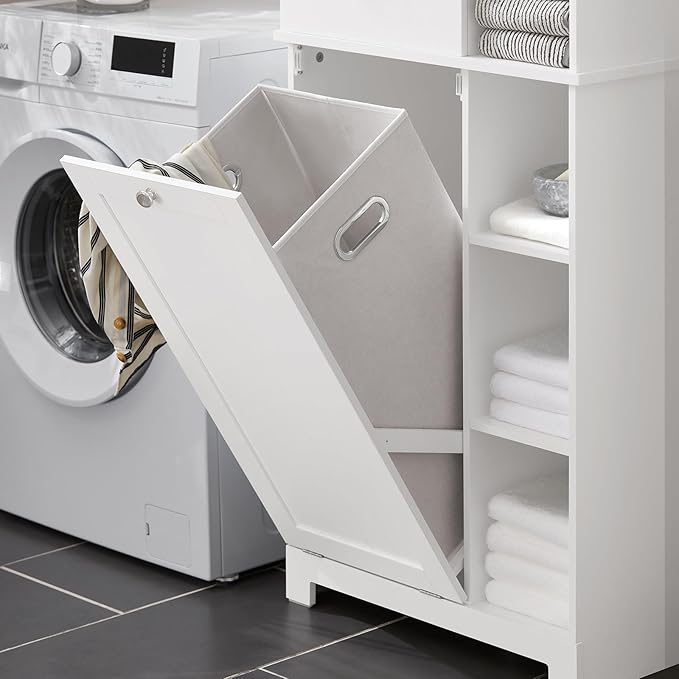 SoBuy Tall Tilt-Out Laundry Hamper Cabinet with Removable Basket and Shelves, Freestanding Laundry Storage Cabinet for Laundry Room or Bathroom, Modern White Laundry Furniture BZR104-W