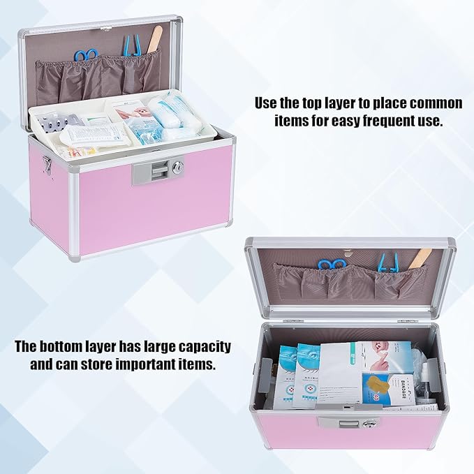 xydstay 14" Medicine Lock Box, First Aid Safe Medication Storage Box,Aluminum Daily Medicine Cabinet,Key Medication Locking Storage Box for Family Use,14" x 7.9" x 8.7", Pink