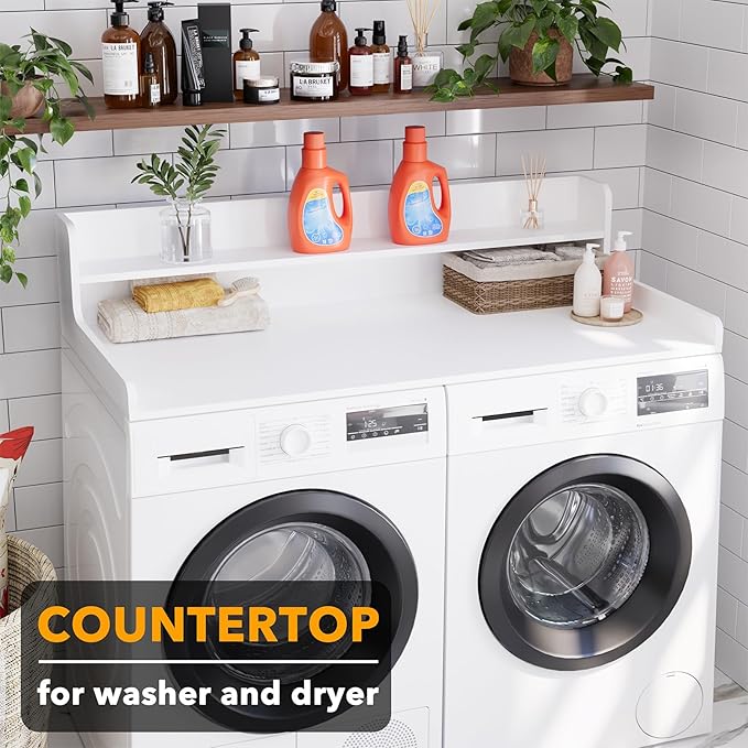 SpaceAid Washer Dryer Countertop with 2-Tier Shelf, Wood Topper with Edge, 54" Width x 27.5" Depth Cover Organizer Guard for Washer and Dryer Counter Laundry Hamper Storage (White)