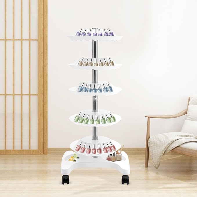 DYRABREST 5-Tier Nail Polish Trolley Organizer, 360° Rotating Nail Polish Display Stand with Wheels, Adjustable Shelves, White Modern Rolling Cart for Nail Salons and Home Use (white)
