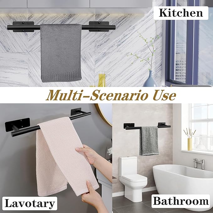 Self Adhesive Bath Towel Bar, Stainless Steel Towel Racks for Bathroom Sticky & Wall Mounted Install Towel Holder, Heavy Duty Towel Rod Rustproof Towel Hanger for Bathroom(Matte Black,16In)