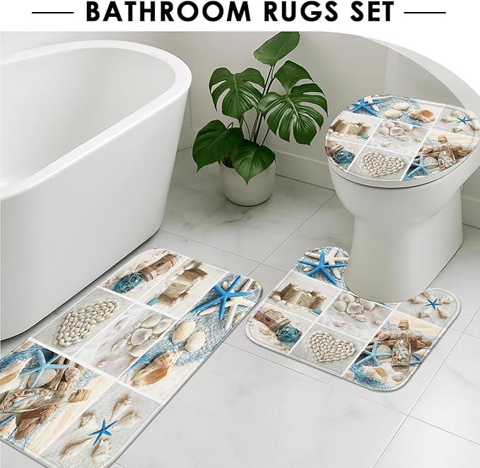 Britimes 4 Piece Shower Curtain Sets, with 12 Hooks, Beach Shell Collage Accessories with Non-Slip Rugs, Toilet Lid Cover and Bath Mat, for Bathroom Decor Set, 72" x 72"