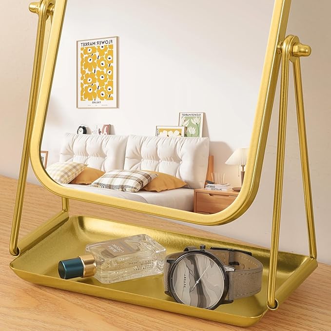 Desk Table Mirror Arch Makeup Vanity Mirror 360°Adjustable Rotation Golden Metal Framed Standing Mirrors with Tray Desktop Cosmetic Mirror for Living Room,Bedroom,Tabletop,Bathroom