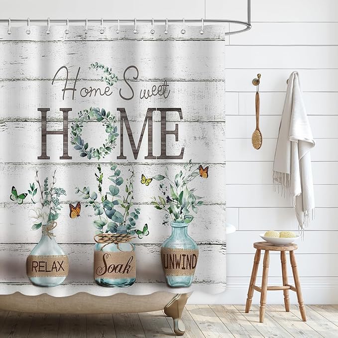 Farmhouse Shower Curtain, Green Eucalyptus Rustic Bathroom Decor with Waterproof Fabric, Country Style Relax Soak Unwind Butterfly Shower Curtains for Vintage Bathroom, 72x72 Inch