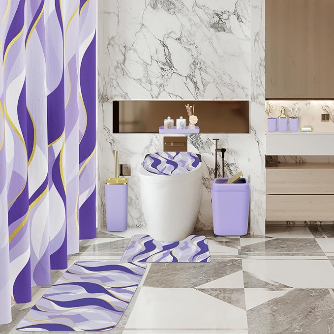 XLHOMO Bathroom Set - Purple and Gold Bathroom Accessories, Bathroom Sets with Shower Curtain and Rugs, Purple Shower Curtain Set with Bathroom Trash Can, Soap Dispenser, Soap Dish for Home Decor