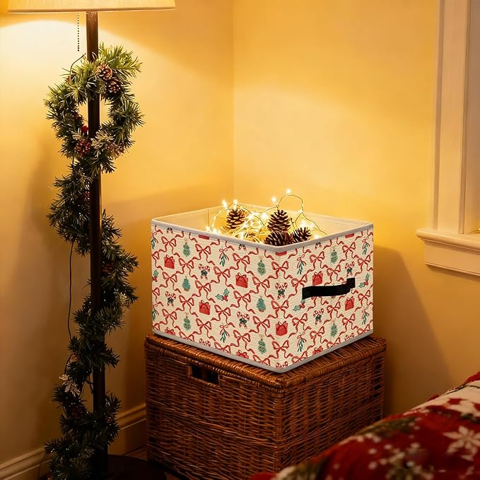 Coquette Red Bow Christmas Storage Bins, Preppy Girly Red and Green Christmas Tree Candy Canes Holiday Foldable Closet Organizers Storage Basket Toybox for Clothes Bed Sheets Blankets Toys