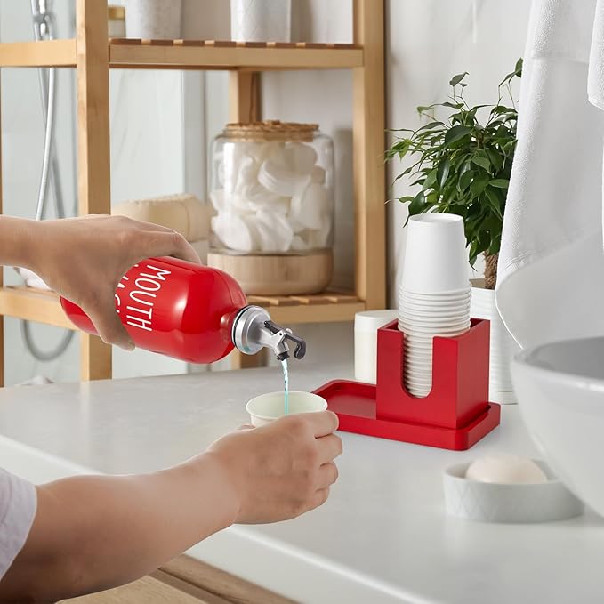Glass Mouthwash Dispenser for Bathroom, 16 OZ Mouthwash Dispenser with Pour Spout and Wood Cup Holder and Tray, Mouth Wash Bottle Container, Red Kitchen Bathroom Decor and Accessories