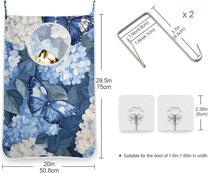 Blue Hydrangea and Butterfly Door Hanging Laundry Hamper Bag with Free Adjustable Stainless Steel Hooks Dirty Clothes Hamper Extra Large Over the Door Laundry Hamper 29.5X20inch 1 PCS