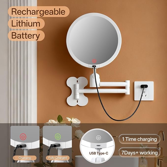 6" Led Wall Mounted Makeup Mirror Double Sided 1/20X, 1-Second Install Lightweight Compact Wall Mirror with Light, Rechargeable Extendable Magnifying Mirror for Bathroom, Wall Vanity Mirrors (1+20X)